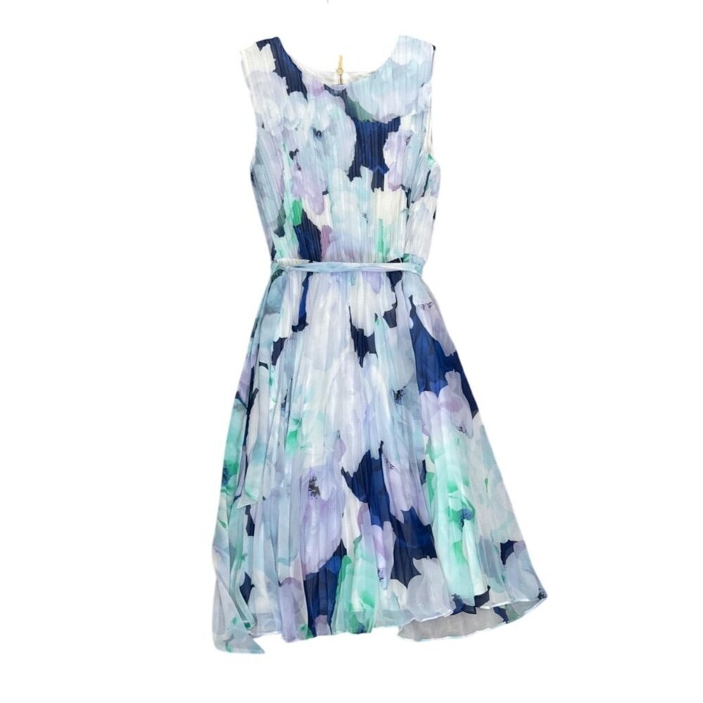 Calvin Klein Womens Floral Sleeveless Pleated Dress Size 10 White & Blue